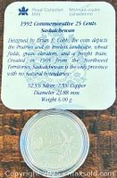 Coin with information card showing specifications