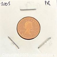 Obverse of 2003 Canadian 1 cent proof coin showing Queen Elizabeth II in 2×2 holder