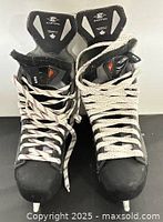 Front view of pair of skates showing tongues, laces, holders