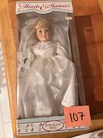 Front view of boxed Hearts & Memories bride porcelain doll