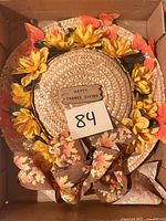 Top view of straw hat wreath with flowers, leaves, ribbon and Happy Thanksgiving plaque