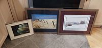 Front view of all three framed prints standing on floor
