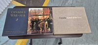 Front covers of three Canadian themed hardcover books on table
