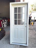 Full view of white exterior door prehung in jamb showing nine-lite glass and two lower panels