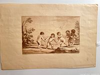 full sheet showing entire unframed engraving of five putti dancing with margins