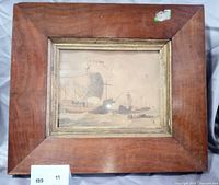 Full view of framed etching in wood frame