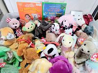 Top view of plastic bin containing numerous Ty Beanie Babies plush toys and two value guide books