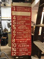 Full view of hanging red and white canvas streetcar roll sign