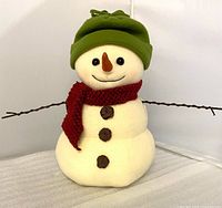 Front view of plush Hallmark snowman showing hat, scarf, buttons, arms