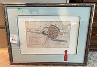 Full view of framed map showing print, mat, frame, and red ribbon seal