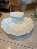 Top view of Lenox chip and dip platter showing attached bowl and floral relief design