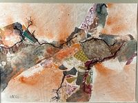 Close view of collage texture, fibers and torn papers