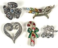 Group shot of five brooches