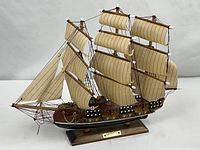 Full starboard view of brigantine model on stand
