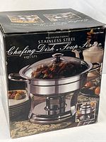 Front of sealed retail box showing stainless steel chafing dish image