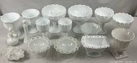all 18 milk glass pieces grouped for overview