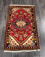Full view of red Hamadan rug on floor