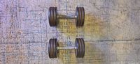 Top view of both dumbbells showing plates and handles