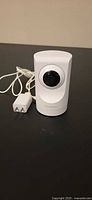 Front view of Instachew Purrsight 360 pet camera with lens and power adapter visible