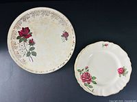cake plate alongside one side plate showing size and pattern