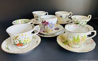 Group shot of all seven teacup and saucer sets
