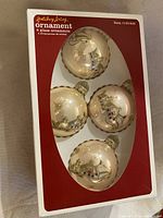 Front view of boxed set showing four ornaments