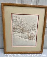 Framed winter cabin embroidered picture