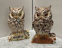 Front view of both ceramic owl figurines