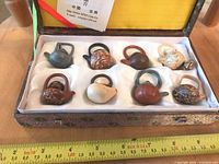 Open box showing eight miniature teapots in padded insert