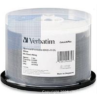 Factory-sealed Verbatim DVD+R DL DataLifePlus 50-disc spindle showing label with specs and barcode