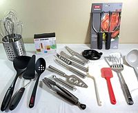 Overview of all kitchen utensils laid out on table