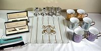 Overall lot with mugs, pens, glass tray, Brighton pieces