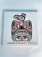 Front view of square ceramic tile showing full Bill Reid "Children of the Raven" artwork and printed signature