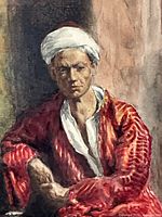 Close-up of painted subject in red robe and white turban