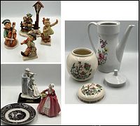 Group shot of all items: Hummel figurines, Royal Doulton "Janet", KPM "Street Serenade", Seltmann teapot, Sadler jar, plate