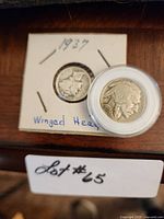 Front view of 1937 Mercury dime in cardboard 2×2 holder and 1935 Buffalo nickel in plastic capsule