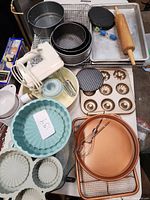Overview of all bakeware, mixer, pans, rolling pin and racks
