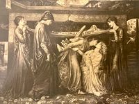 Sepia print of mourning scene around stone sarcophagus