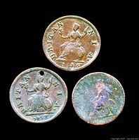 Obverse and reverse of all three farthings showing Britannia reverse with 1736 and 1737 dates