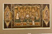 Full view of framed Mughal manuscript leaf with painted court scene