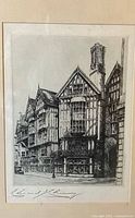 Front view of etching showing Liberty Department Store building and artist signature