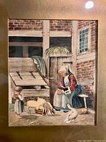 Close-up of painting showing farm scene with woman, child, animals