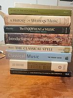 Full stack of eight classical music books on tabletop