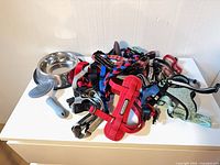 Pile showing bowl, brush and assorted harnesses/leashes