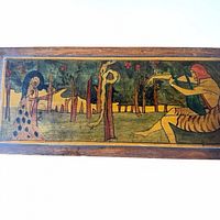 Top view of lid showing hand-painted scene