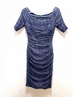 Full view of Ralph Lauren navy sequined ruched dress hanging