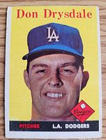 Front of Don Drysdale 1958 Topps card showing portrait, team logo, card number