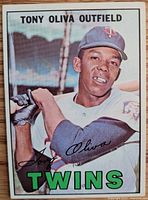 Front of 1967 Topps Tony Oliva baseball card showing player image, autograph facsimile and TWINS team name