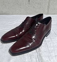 Side angle of pair of oxblood leather cap-toe Oxford shoes