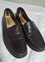 Top view of both loafers showing uppers, penny strap, toe stitching